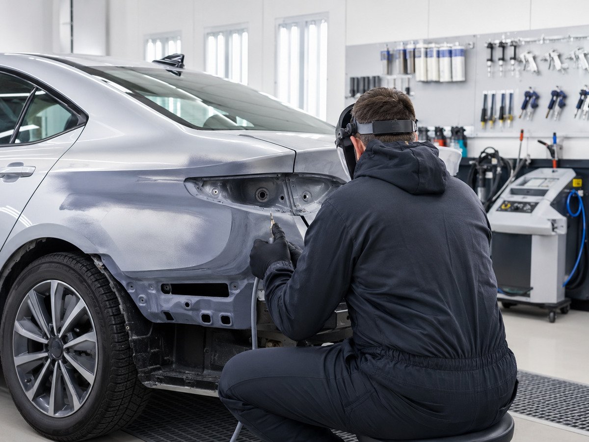 A dealer forecourt car being prepared for sale after bodywork